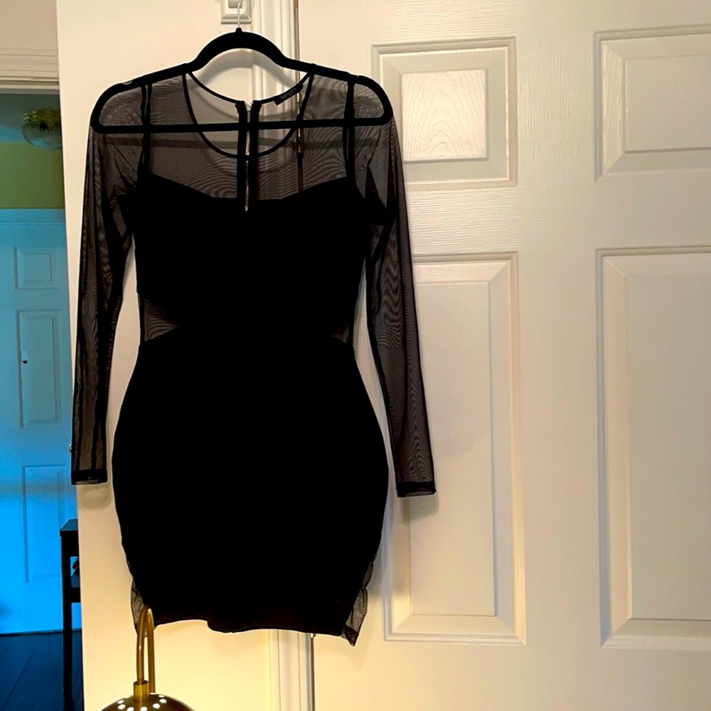 Mesh cut out black mini dress